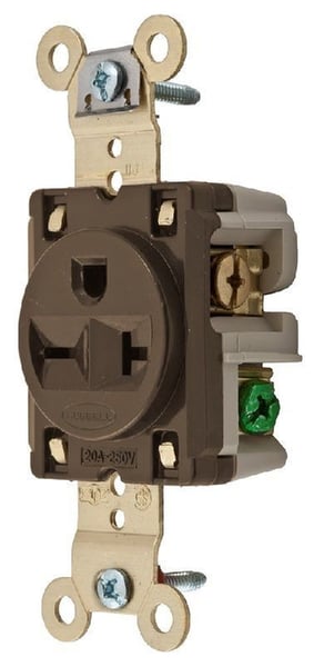 HBL5461Hubbell, Straight Blade Receptacle, Single, 2 Pole, 3 Wire, 20 Ampere, 250 Volts, Brown