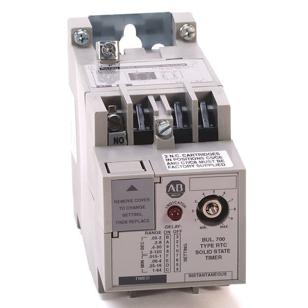 Allen-Bradley 700-RTC10110U1 Solid State Timing Relay, Instantaneous Cont 1 NOC & 0 N, Timed Cont 1 NOC & 1 NCC, Adjustable Time, No Enclosure Necessary, 110V at 50 Hz/120V at 60 Hz/12 No Potentiometer