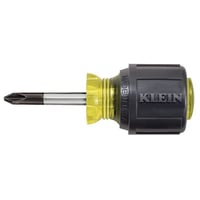 Klein® Cushion-Grip® 603-1 Stubby Screwdriver, #2 Phillips® Point, Steel Shank, 3-7/16 in OAL, Rubber Handle, Polished Chrome, ANSI/ASME Specified