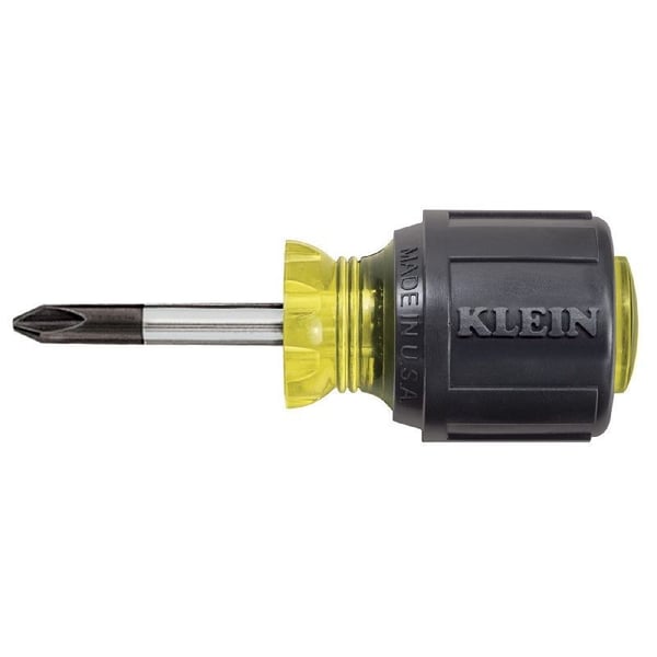 Klein® Cushion-Grip® 603-1 Stubby Screwdriver, #2 Phillips® Point, Steel Shank, 3-7/16 in OAL, Rubber Handle, Polished Chrome, ANSI/ASME Specified