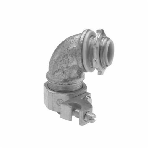 Crouse-Hinds Liquidator™ LTB30090G Insulated Liquidtight Conduit Connector With 8 to 1/0 AWG Aluminum Grounding Lug, 3 in Trade, 90 deg, Malleable Iron, Electro-Plated Zinc