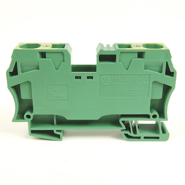 1492-LG16Allen-Bradley, 1492-LG16, Spring Clamp Terminal Block, One-Circuit Feed-Through Ground Block, 16 mm (# 14 AWG - # 4 AWG), Standard Feedthrough, Green / Yellow Stripe (Standard),
