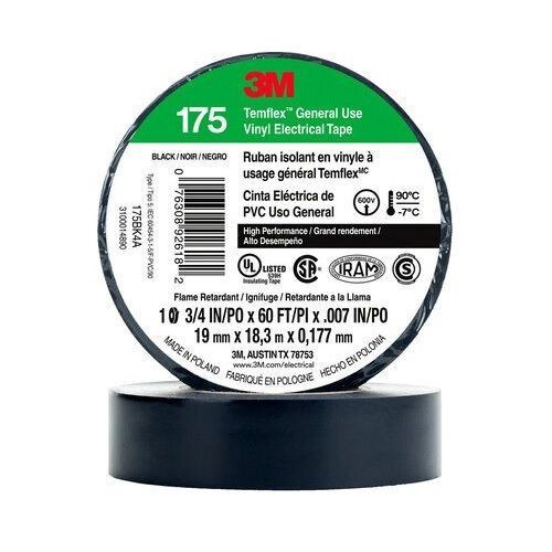3M™ Temflex™ 175BK4A Vinyl Electrical Tape 175, Black, 3/4 in x 60 ft (19 mm x 18 m)