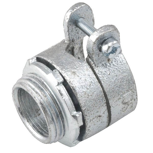 2103RACO® 2105 Non-Insulated Straight Squeeze Conduit Connector, 1-1/4 in Trade, 1-1/4 in Cable Openings, For Use With FMC, Malleable Iron, Electro-Plated Zinc