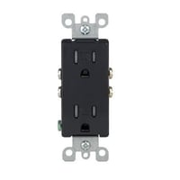Leviton® Decora® T5325-E Duplex Grounding Tamper-Resistant Straight Blade Receptacle, 125 VAC, 15 A, 2 Poles, 3 Wires, Black