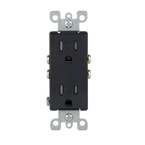 Leviton® Decora® T5325-E Duplex Grounding Tamper-Resistant Straight Blade Receptacle, 125 VAC, 15 A, 2 Poles, 3 Wires, Black