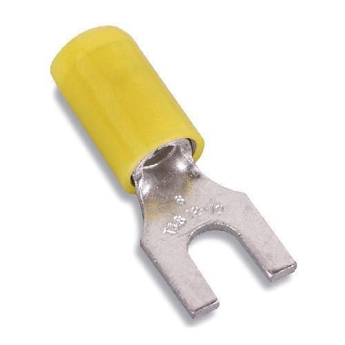 Sta-Kon® 10RC-8F RC Series Insulated Fork Terminal, 12 to 10 AWG Conductor, 1.09 in L, Brazed Seam/Serrated Barrel, Copper, Yellow