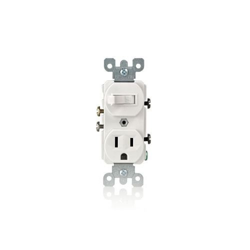 Leviton® 5225-T Duplex Combination Switch and Receptacle, 15 A, 120/277 VAC, 1/2 hp at 120 VAC, 2 hp at 240/277 VAC, 1 Poles, 3 Wires, 14 to 12 AWG Wire