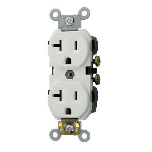 Leviton® CR20-W 1-Phase Duplex Indented Face Straight Blade Receptacle, 125 VAC, 20 A, 2 Poles, 3 Wires, White