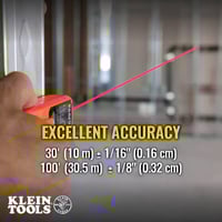93LDM100CKlein® 93LDM100C Laser Distance Measures, 2 in to 100 ft Measuring, +/- 1/16 in up to 30 ft, +/- 1/8 in up to 100 ft Accuracy, 3 x AAA Battery, PC/ABS Housing