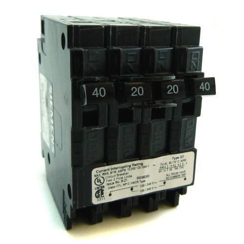 Siemens Q24020CT2 Quadplex Type QT Low Voltage Miniature Quadplex Molded Case Circuit Breaker, 120/240 VAC, 40 to 20 A, 10 kA Interrupt, 2 Poles, Thermal/Magnetic Trip