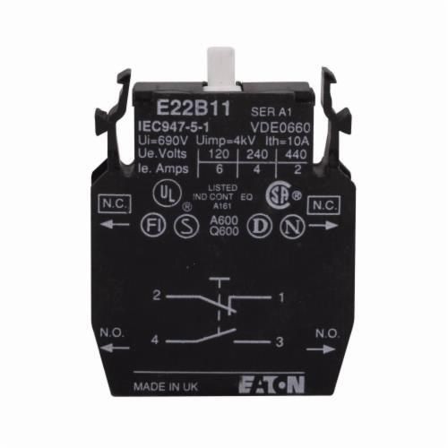 E22B20EATON E22B20 Heavy Duty Standard Contact Block, 22.5 mm, 2NO Contact, 10 A at 600 VAC, 2.5 A at 600 VDC Contact, Silver Contact