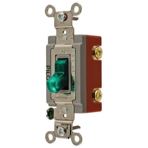 Wiring Device-Kellems HBL® HBL1221PLG Extra Heavy Duty General Purpose Pilot Light Standard Toggle Switch, 120/277 VAC, 20 A, 5540 W, 2-Position