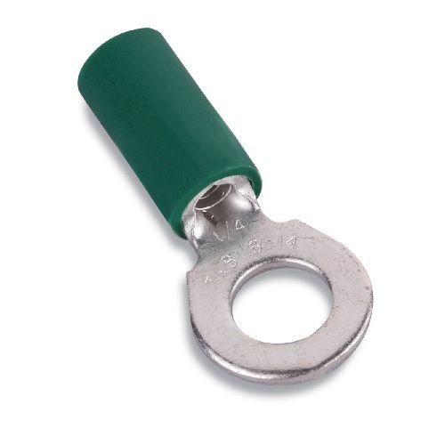 Sta-Kon® 14RBC-516 RB Series Heavy Duty Insulated Ring Terminal, 16 to 14 AWG Conductor, 1.29 in L, Brazed/Overlapped Seam Barrel, Copper, Green