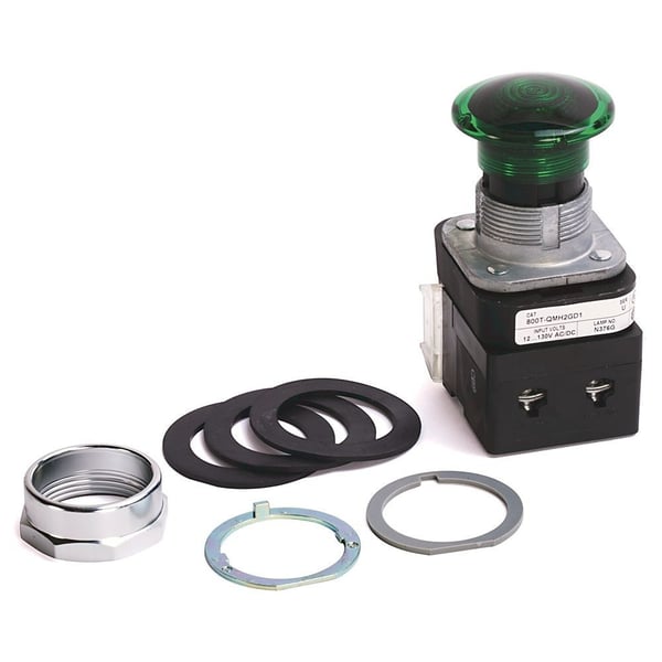 800T-QMH2GD1Allen-Bradley, 800T-QMH2GD1, 30.5mm Type 4/13 Mom. Contact PB-Illum., Green, Mushroom Hd, LED, 12-130V AC/DC, 1 NO