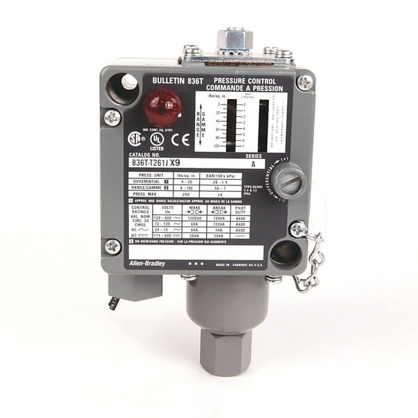 836T-T261JAllen-Bradley 836T-T261J 836T Pressure Controls - Traditional Machine Tool, T - Style Pressure Control. 100 psi. Enclosure Type 1, 4 and 13 Industrial use.. S.P.D.T., 2 - circuit contact block. No Modifications, No Modifications, No Pilot Lights