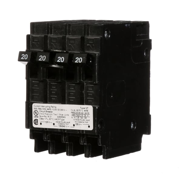 Q22020CTSiemens Q22020CT Type QT Low Voltage Miniature Triplex Molded Case Circuit Breaker, 120/240 VAC, 20 A, 10 kA Interrupt, 3 Poles, Thermal/Magnetic Trip