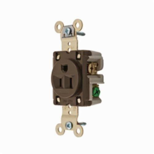 HBL5261HUBBELL® HBL5261 Single Heavy Duty Straight Blade Receptacle, 125 VAC, 15 A, 2 Poles, 3 Wires, Brown