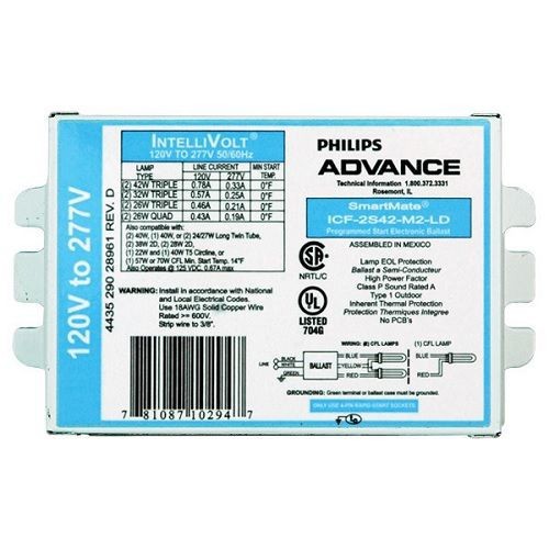 Advance SmartMate ICF2S42M2LDK Electronic Compact Fluorescent Ballast, CFL Lamp, 42 W Lamp, 120 to 277 VAC, Programmed, 0.97 Ballast Factor