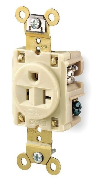 HBL5361IHubbell, Straight Blade Receptacle, Single, 2 Pole, 3 Wire, 20 Ampere, 125 Volts, Ivory