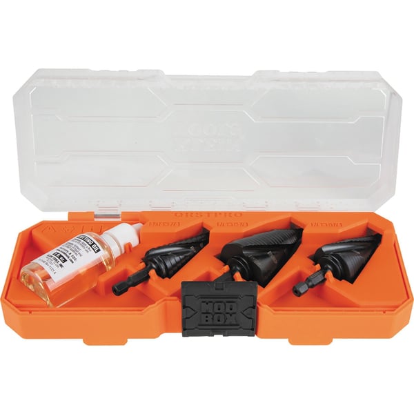 QRSTSPROKlein® QRSTSPRO Quick Release Step Bit Set, 3/16 in Dia Min Hole, 1-3/8 in Dia Max Hole, 12, 2, 3 Hole Sizes, 1/4 in Shank
