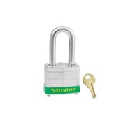 Master Lock® 3LFGRN Safety Padlock, Different Key, Green Bumper, Reinforced Laminated Steel Body, 9/32 in Dia x 1-1/2 in H x 5/8 in W Hardened Steel Shackle, Conductive Conductivity