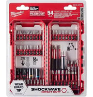 48-32-4010Milwaukee® 48-32-4010 SHOCKWAVE 54-Piece Bit Set, P1, P2,PR1, P3, SQ1, SQ4, SQ3, T15, T20, T25, T27, T30, SL#8, SL#10, 1/8 in, 9/64 in, 5/32 in, 3/16 in, SQ2, 3.5 in, 1-7/8 in, 1/4 in, 5/16, 3/8 in, 1/4 in Point Hex Point, 1/4 in, Alloy Steel