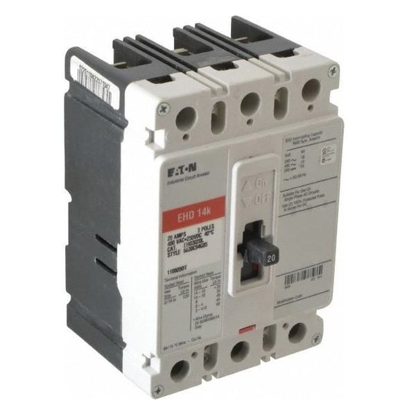 EHD3020LEATON EHD3020L C Series Type EHD Molded Case Circuit Breaker, 480 VAC/250 VDC, 20 A, 18 kAIC at 240 VAC/14 kAIC at 480 VAC Interrupt, 3 Poles, Fixed Thermal/Fixed Magnetic Trip