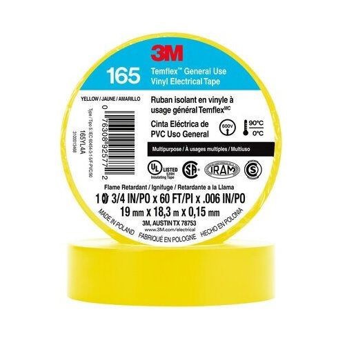3M™ Temflex™ 165YL4A Vinyl Electrical Tape 165, Yellow, 3/4 in x 60 ft (19 mm x 18 m)