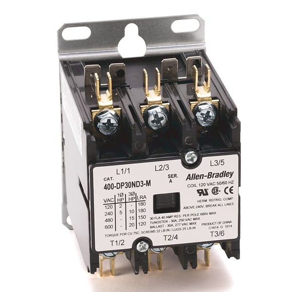 400-DP30ND3Allen-Bradley, 400 Definite Purpose Contactor, 30A, 120V 50/60Hz, 3 Poles