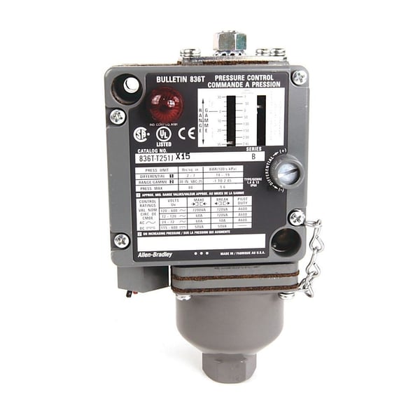 836T-T251JAllen-Bradley, 836T-T251J, 836T Pressure Controls - Traditional Machine Tool, T - Style Pressure Control. 35 psi. Enclosure Type 1, 4 and 13 Industrial use.. S.P.D.T., 2 - circuit contact block. No Modifications