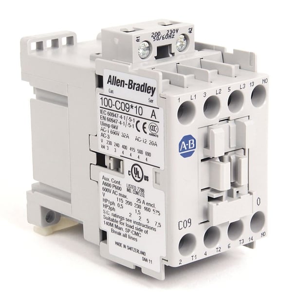 100-C09KJ10Allen-Bradley, 100-C09KJ10, 100-C IEC Contactor, 24V 50/60Hz, Screw Terminals, Line Side, 9A, 1 N.O. 0 N.C. Auxiliary Contact Configuration