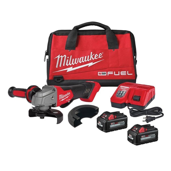 2880-22Milwaukee® 2880-22 M18™ FUEL™ Cordless Angle Grinder Kit, 5 in Dia Wheel, 5/8-11 UNC Arbor/Shank, 18 V, M18™ Lithium-Ion Battery, 2 Batteries, Paddle Switch