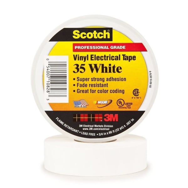 3M™, Scotch 35, Electrical Color Coding Tape, Vinyl, White, 1/2 Inch x 20 ft, 7 mil