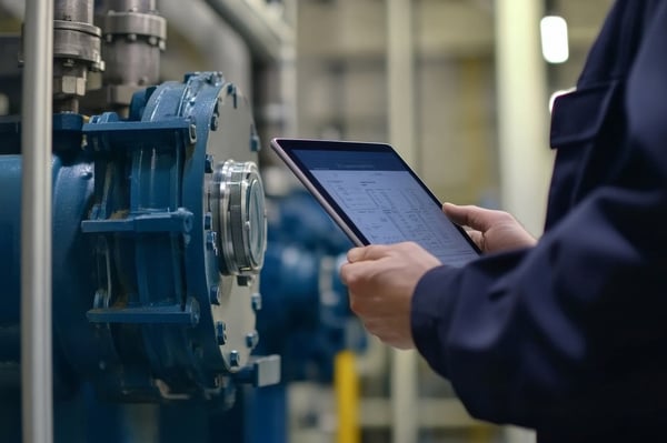Close up hand industrial industrial plant with a tablet in hand, Engineer looking of working at industrial machinery setup in factory.