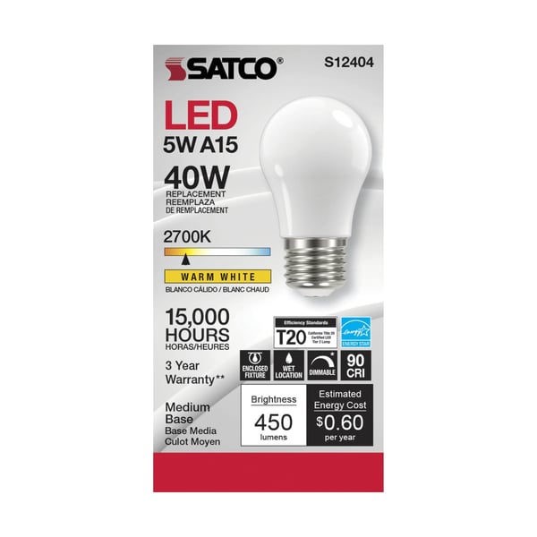 SATCO® S12404 TRIAC Dimmable LED Lamp, 5 W, 40 W Incandescent Equivalent, E26 Medium LED Lamp, A15 Shape, 450 Lumens