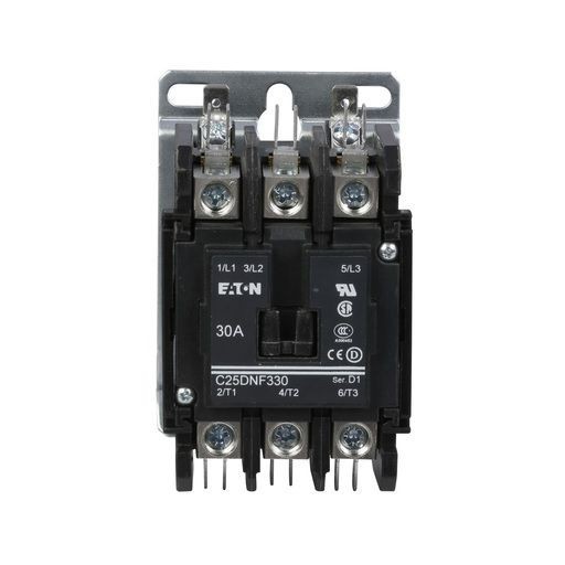 EATON C25DNF330A Non-Reversing Definite Purpose Control Contactor, 110 to 120 VAC V Coil, 30 A Inductive/40 A Resistive, 3 Poles