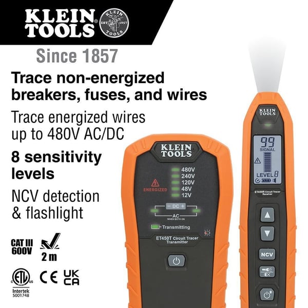 ET450Klein® ET450 Circuit Tracer Kit, LCD with Back Light Display, ABS and Electronic Components