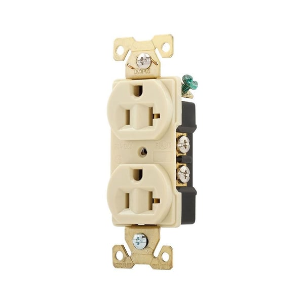 EATON Arrow Hart 5352V Straight Blade Duplex Receptacle, 125 VAC, 20 A, 2 Poles, 3 Wires, Ivory