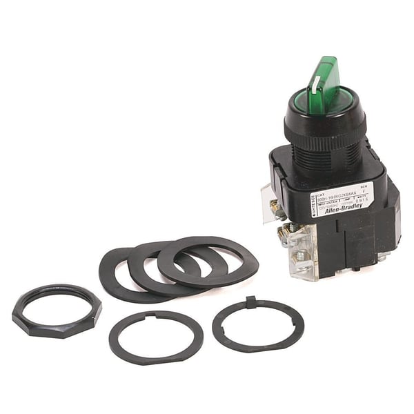 800H-16JRG2KB7AXAllen-Bradley 800H-16JRG2KB7AX 30.5mm Type 4/4X/13 Sel. Switch-Illum., 3 Pos., Transformer, 120V AC 50/60 Hz, Green, Std. Knob Maint., 1 NO-1 NC