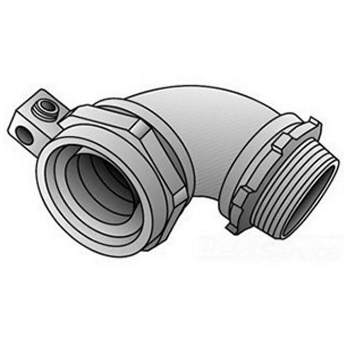 O-Z/Gedney Ground-Tite® 4Q-9125L Concretetight Liquid Tight Oiltight Positive Grounding Raintight Conduit Connector With Lug, 1-1/4 in Trade, 6 to 1/0 AWG Cable Openings, 90 deg, Malleable Iron, Zinc Electroplated