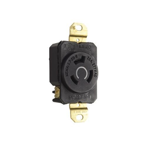 L720RHubbell® Hubbell-Pro™ L720R Locking Receptacle, 277 VAC, 20 A, 2 Poles, 3 Wires, Black