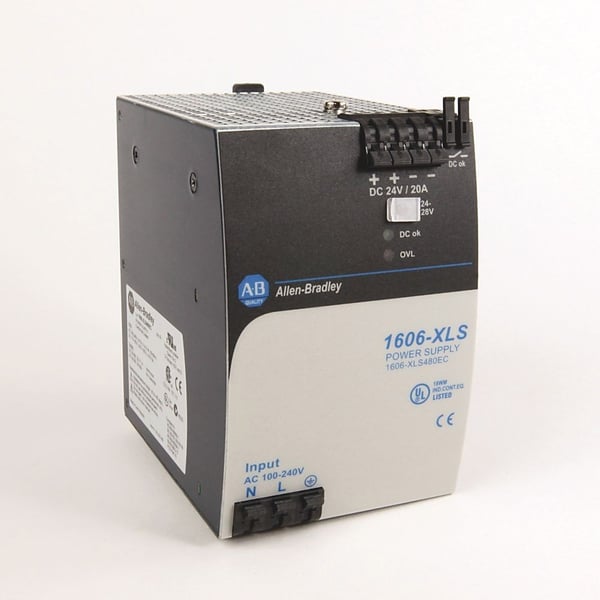 Allen-Bradley 1606-XLS480EC Power Supply, Bulletin 1606 XLS Performance, 100-240VAC or 110-150VDC Input, 24-28VDC Output, 480Watt, 20A Output, ParallelOperation, DC OK Relay, Conformal Coated
