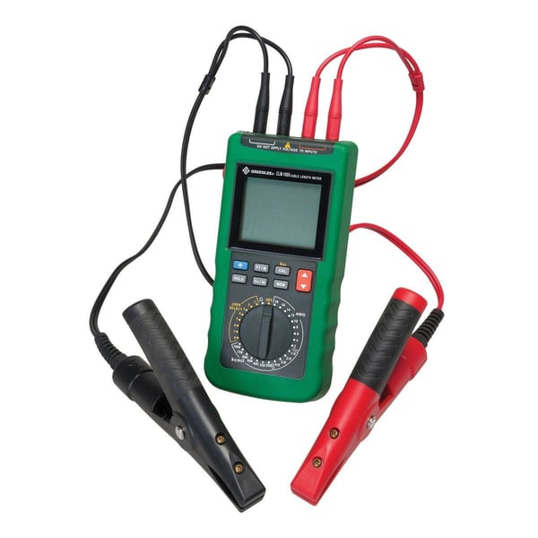 CLM-1000Greenlee® CLM-1000 Cable Length Meter, 15 ft to 100 kft, 199.99 mohms to 1999.9 ohm, 18 to 4/0 AWG/250 to 1000 kcmil, 4-1/2 Digit LCD Display