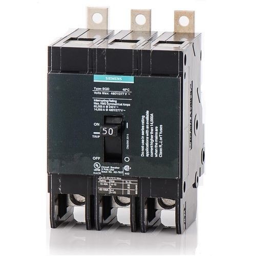 Siemens BQD350 Type BQD Molded Case Circuit Breaker, 277/480 VAC, 50 A, 14 kA Interrupt, 3 Poles, Thermal/Magnetic Trip