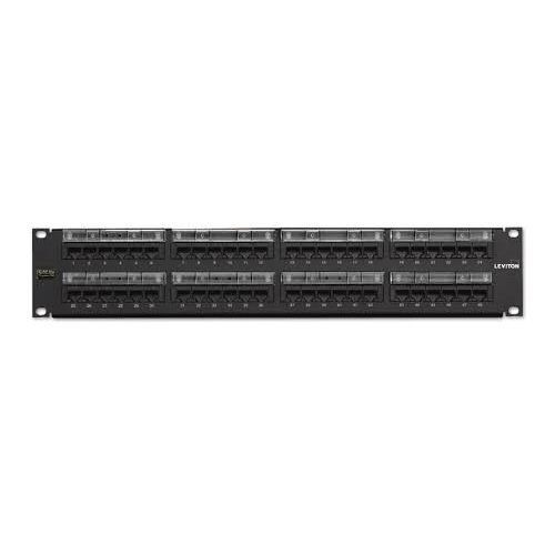 Leviton® GigaMax® 5G596-U48 2-RU Flat Patch Panel With Centralized Labeling Holder, 48 Ports, CAT 5e, 26 to 22 AWG Terminal, Plastic/Steel