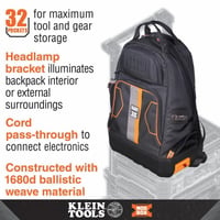 62201MBKlein® 62201MB 32-Pocket Electrician's Backpack, 1680d Ballistic Weave/Hard Molded Polypropylene, Black/Orange