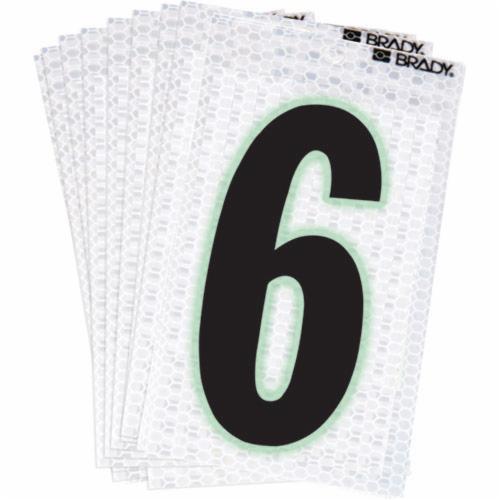 3000-6Brady® 3000-6 High-Intensity Prismatic Ultra Reflective Number Label, Black/Green Glow 6 Character, 2 in H, Silver Background, B-309 Vinyl