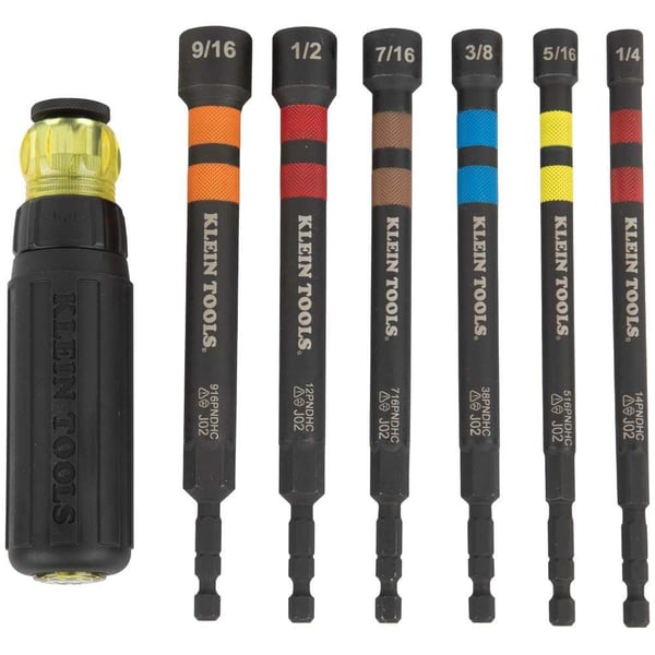32950Klein® 32950 Magnetic Color-Coded Power Nut Driver, 1/4 to 9/16 in, 7 Pieces, 6.3 in OAL, Ratchet Handle, Steel Alloy