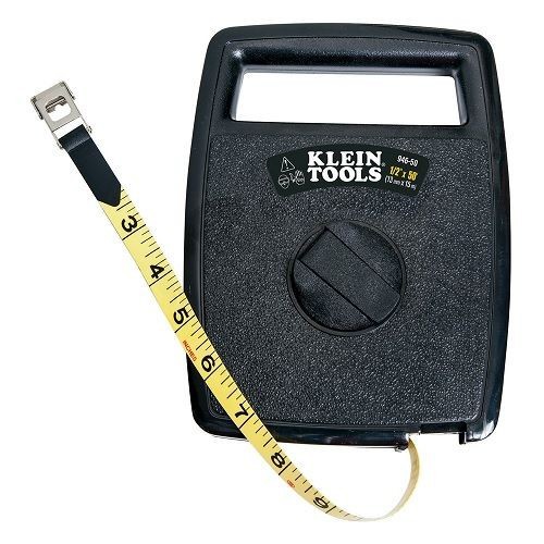 946-50Klein® 946-50 Measuring Tape With Case, 50 ft L x 1/2 in W Blade, Woven Fiberglass Blade, 1/8 in Graduation